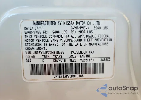 2012 Infiniti M35H z USA, uszkodzony, nr VIN JN1EY1AP7CM910566